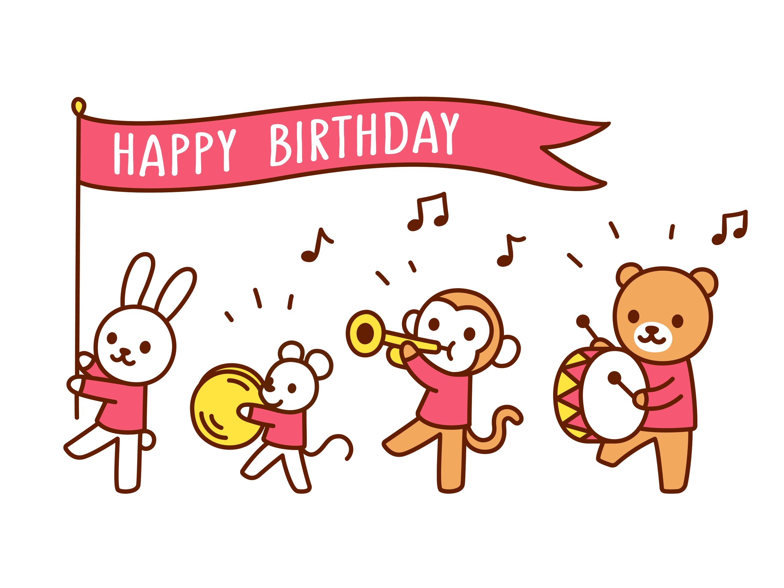 Cartoon animals playing music in a parade