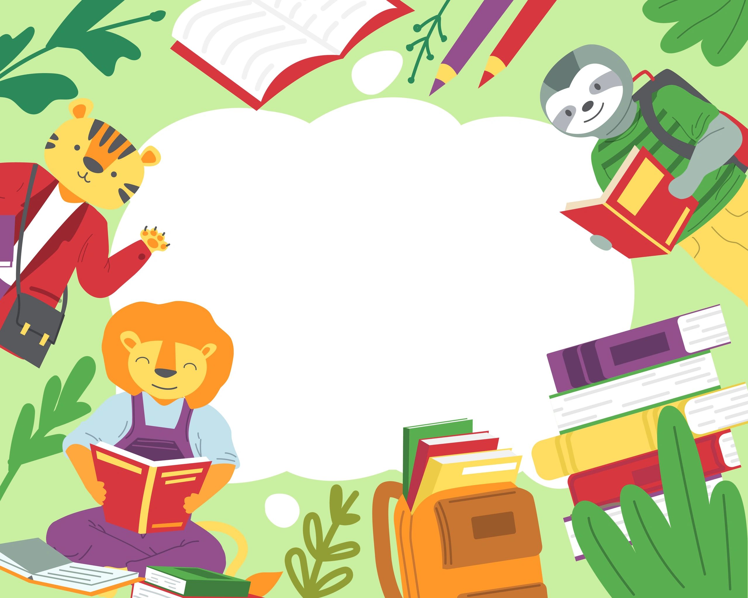 Cartoon animals reading books with space for text
