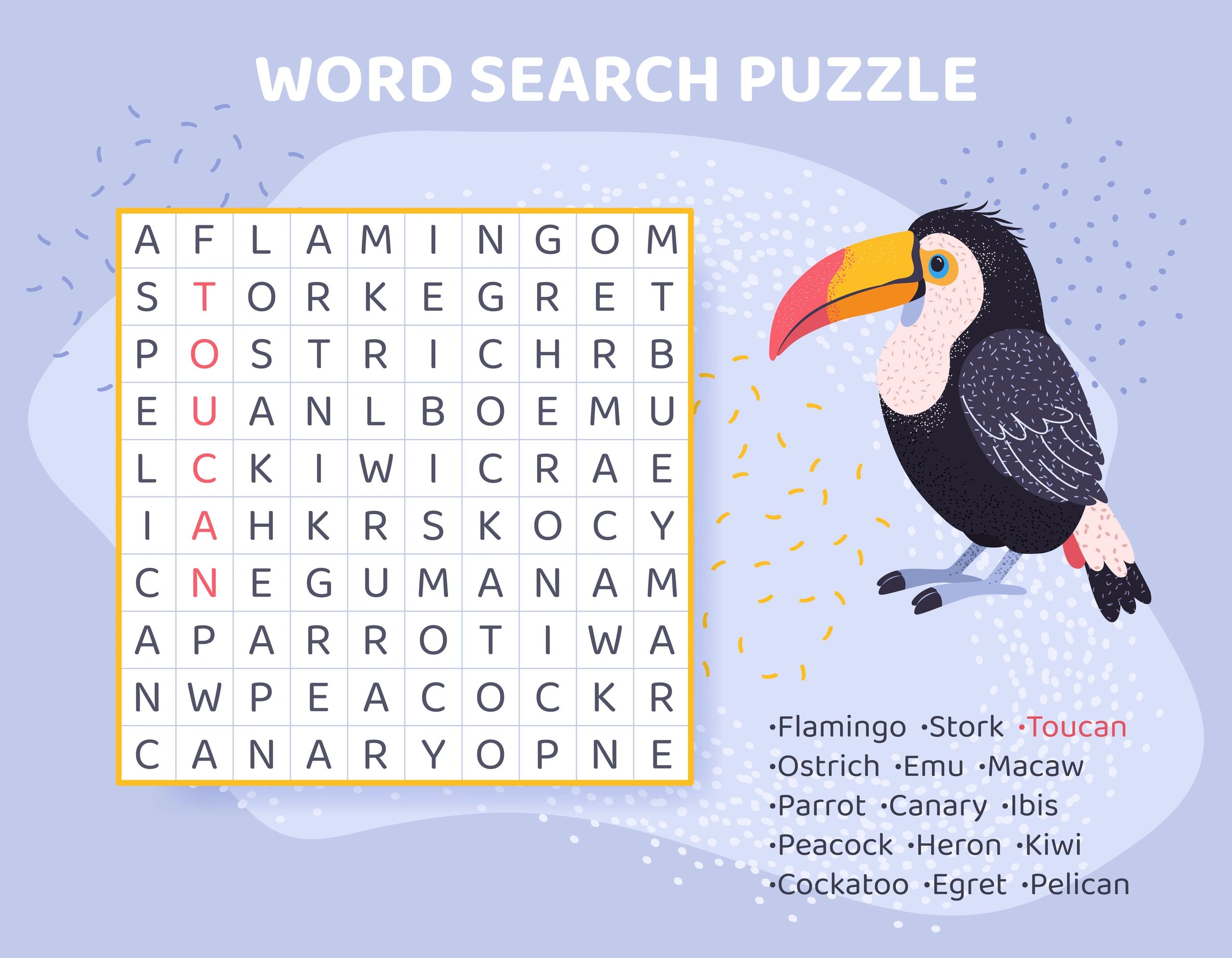 Colourful word search puzzle with birds