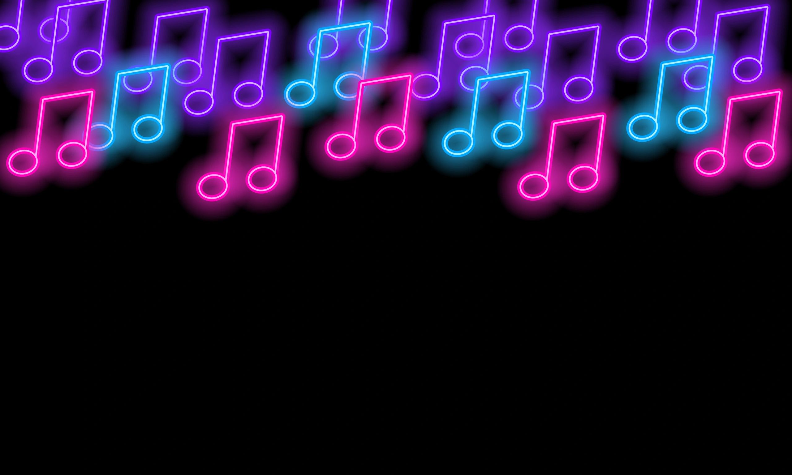 Neon music notes pattern on dark background