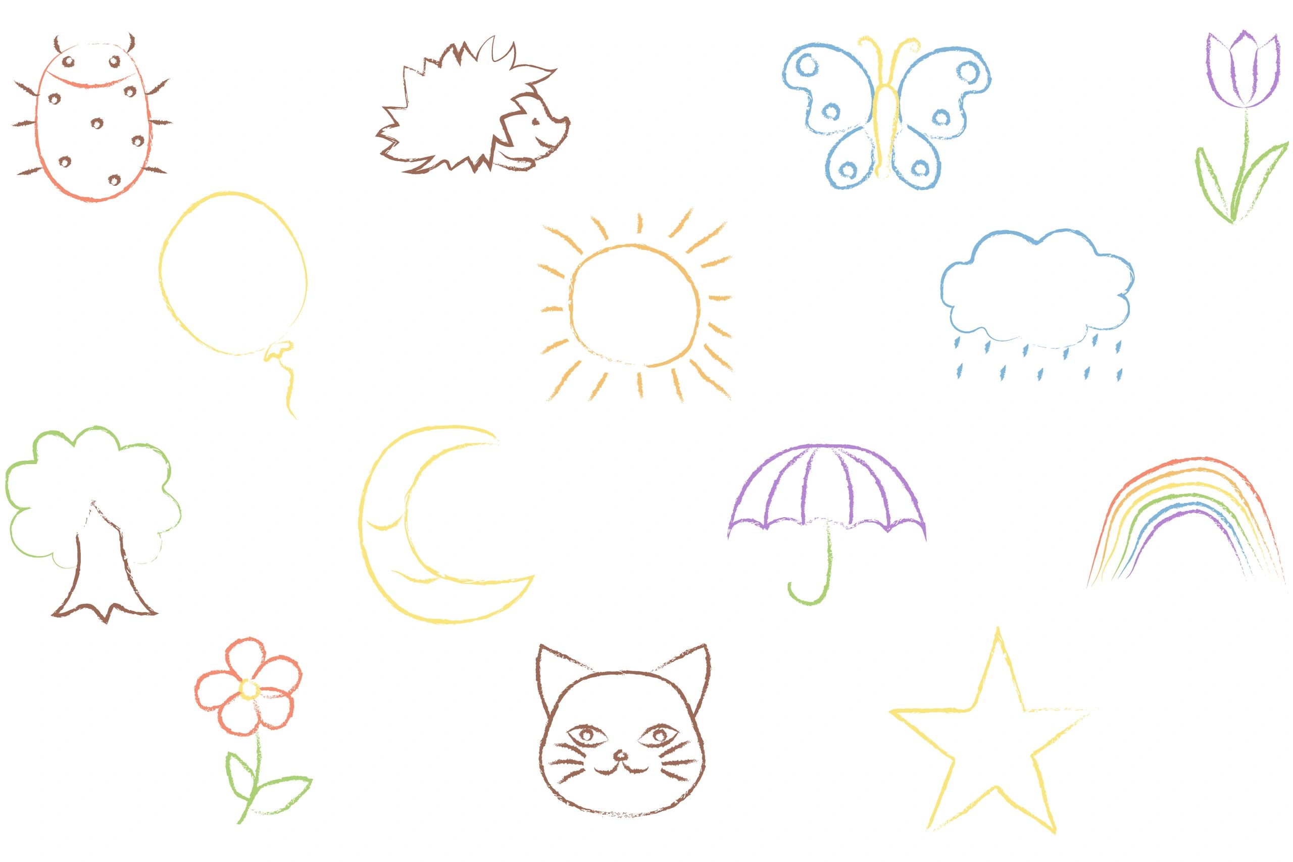 Hand-drawn crayon doodles with rainbow, sun, stars and playful icons